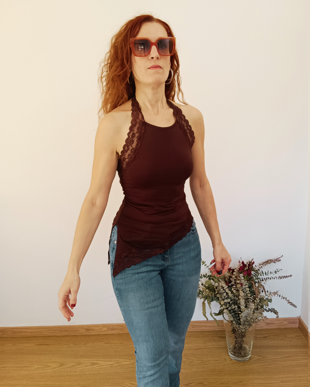 Top Halter Lace Marrón