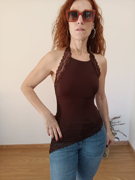 Top Halter Lace Marrón